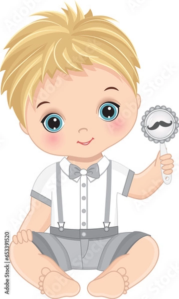 Fototapeta Vector Cute Little Man Holding Rattle with Moustache Image
