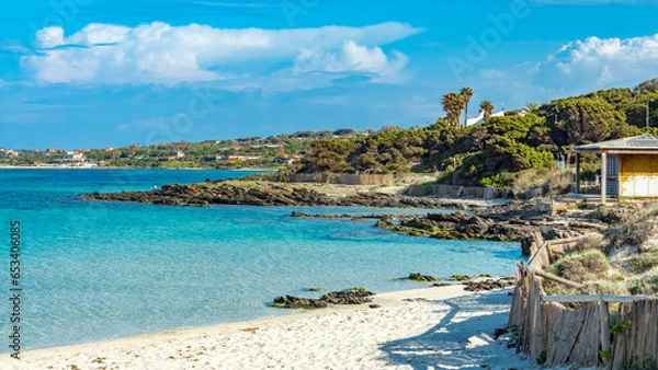 Fototapeta Amazing view of the Pelosa beach with the island of Asinara in the background, Stintino, Sardinia.