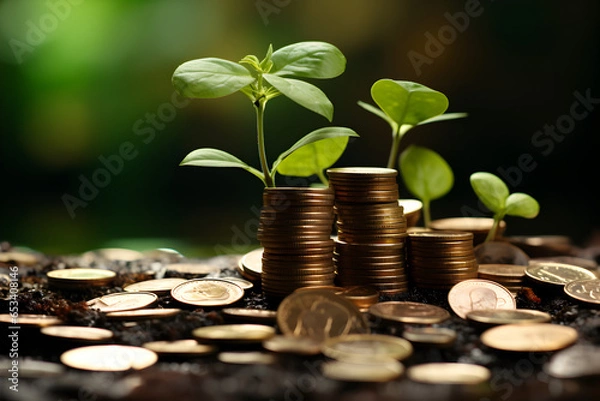 Fototapeta Green Globe with world map and stack of silver coins the seedlings are growing on top. Concept of Green business, finance and sustainability investment. Carbon credit. money saving investment.