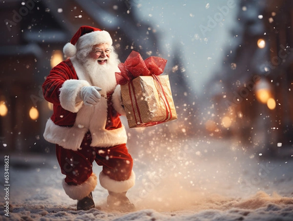 Fototapeta Santa Claus in glasses stands on the street laughing and smiling with a gift in his hands and dreams, snowflakes are flying around and it is snowing.