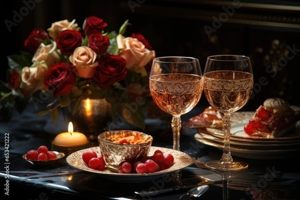 Fototapeta Romantic dinner in candlelight, shiny glasses., generative IA