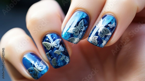 Fototapeta Beautiful female hands with manicure close-up, modern stylish nail design with butterflies