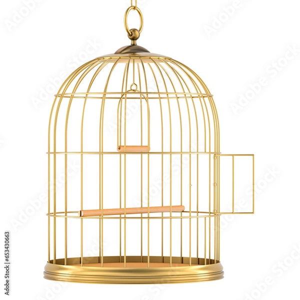 Fototapeta Golden bird cage with open door, 3D rendering isolated on transparent background