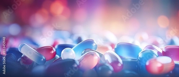 Obraz Blurred out close up of medication pills background with lots of bokeh and a bright center spotlight and a subtle vignette border.