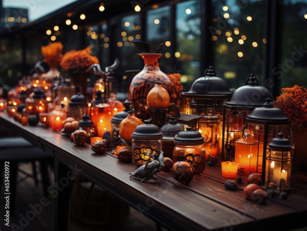 Fototapeta Halloween Rooftop Party - Elegantly Arranged Table with Spooky Props and Festive Decor, AI-Generated