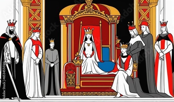 Obraz beautiful-woman-with-crown-full-body-sitting-at-throne-surrounded-by-many-servants-and-guards