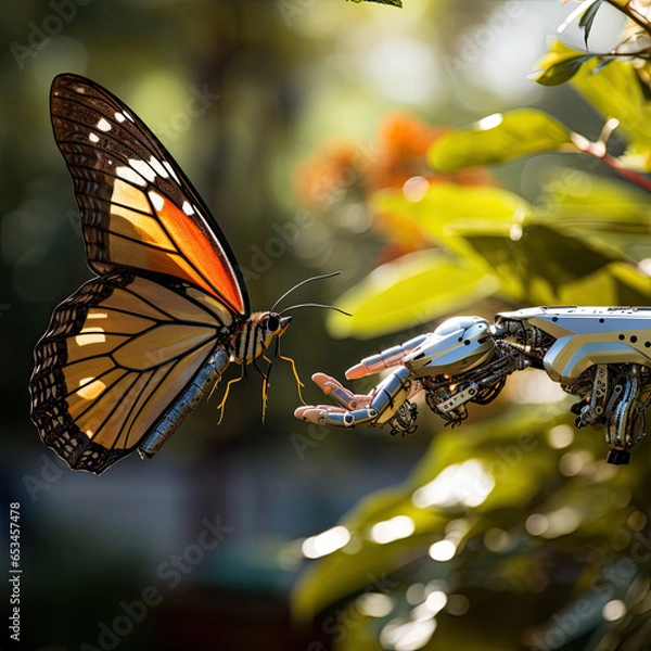Obraz Robot hand  and butterfly. Science fiction day. AI generated picture.