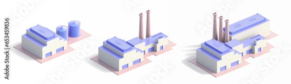 Fototapeta Isometric set Industrial Factory Building - 3d illustration on a transparent background