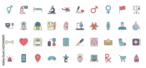 Fototapeta Medical Vector Icons Set. Line Icons, Sign and Symbols in Outline Fill Design Medicine and Health Care with Elements for Mobile Concepts and Web Apps. Collection Modern Infographic Logo and Pictogram