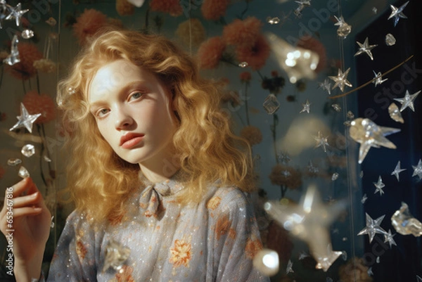 Fototapeta a young white woman/fairy/witch surrounded by magical glowing fairy light fantasy setting witchy spell halloween ethereal book cover/editorial advertisement magazine style film photography look