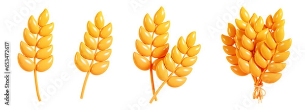 Fototapeta Wheat ear 3d render illustration set. Autumn farm harvest of barley with grain for seasonal design.