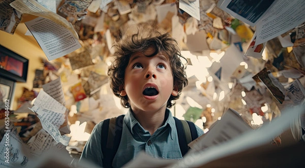 Fototapeta surprised young boy in front of poster board with sticky notes, in the style of vintage academia,