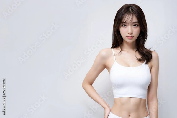 Obraz フィットネススタジオで白いスポーツウェアを着てエクササイズ・ヨガのトレーニングをしている日本人女性(美人モデル)