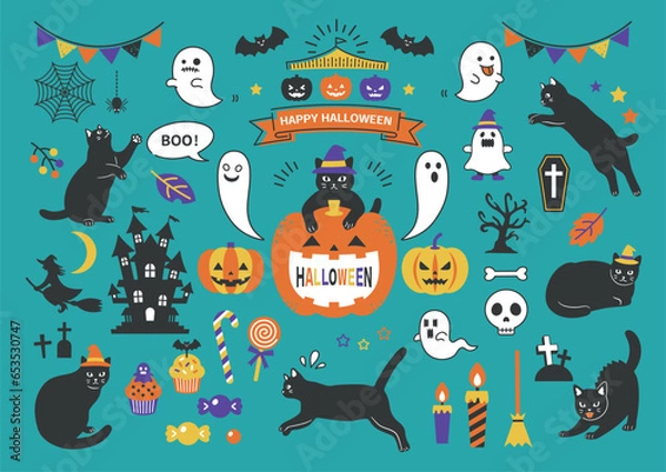 Fototapeta 黒猫とハロウィンのイラスト素材のセット