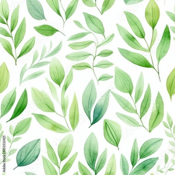 Fototapeta green leaf hand painted watercolor seamless pattern background