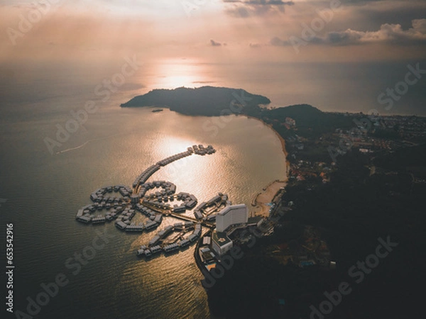 Fototapeta Drone aerial view over Lexis Hibiscus Port Dickson. Lexis Hibiscus Port Dickson was officially opened on 31 July 2017. It has became one of the famous icons in Malaysia since then.