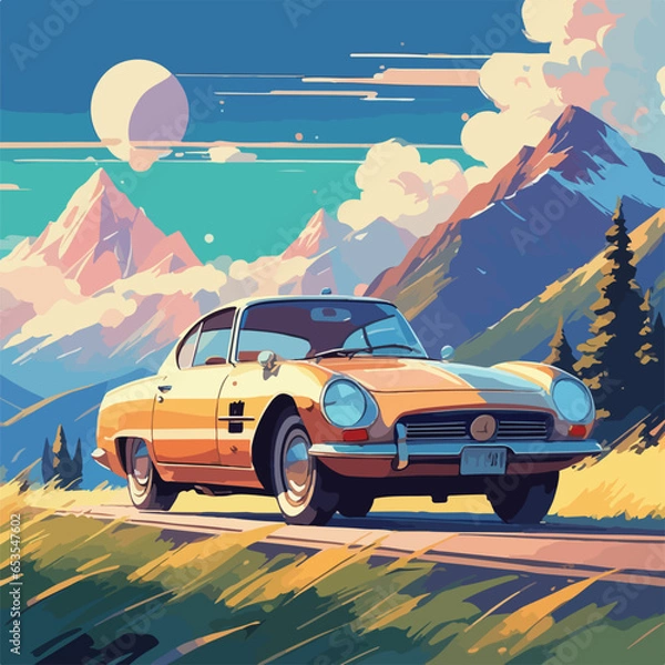 Fototapeta stylish retro car on the background of mountains trending pixiv fanbox-
