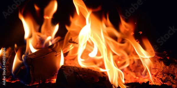 Obraz 暗闇に燃える炎と薪