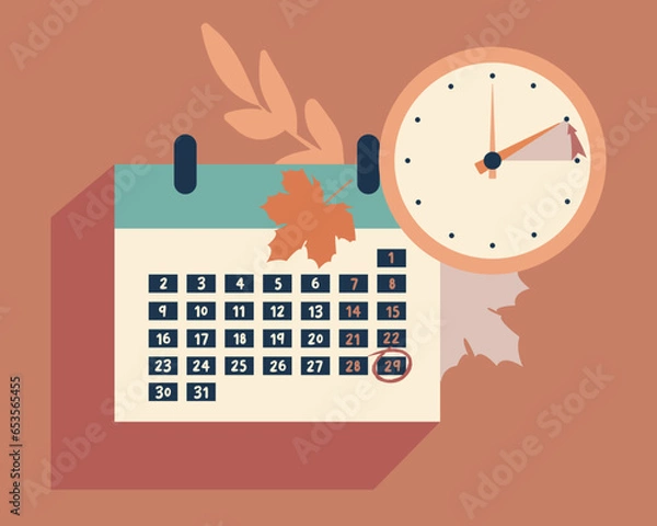 Fototapeta Fall Back in Europe 2023, change clock back one hour, Daylight Saving Time Ends web reminder banner in flat style. Clocks with arrow hand turning back an hour. Minimalist aesthetic web banner.