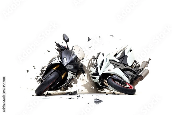 Obraz realistic set up photography of a white Motorcycle accident violently facing each other on isolated white background