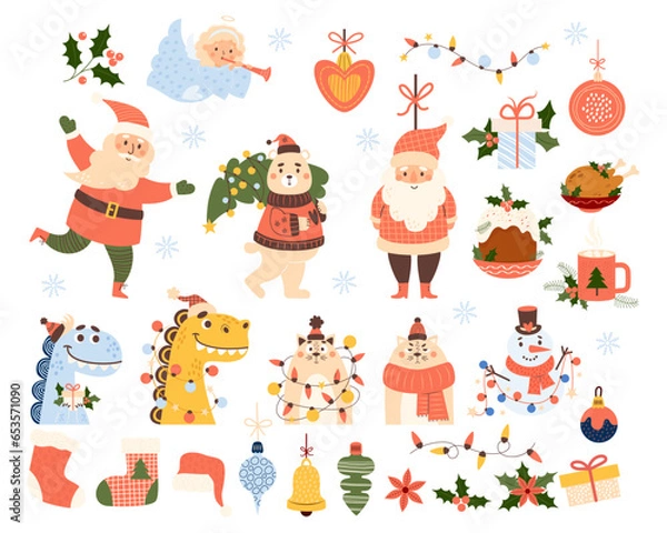 Fototapeta Christmas cartoon big set. New Year characters Santa Claus, bear with tree, snowman with garland, little angel, dragon, cat and traditional food and holiday decorations. Vector illustration