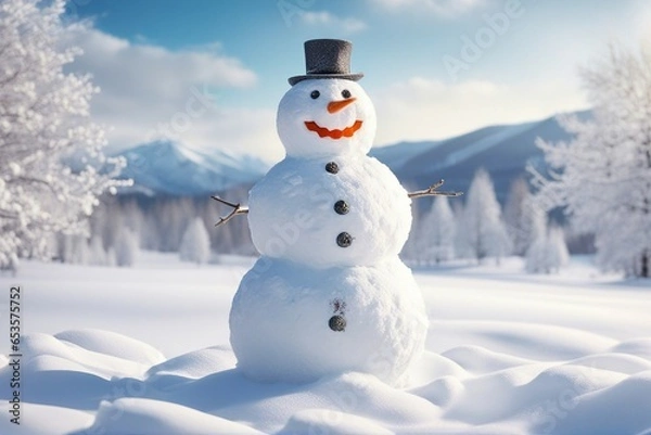 Fototapeta Snowman in stylish hat and Scalf on snowy field. Merry Christmas and happy New Year theme and Blue sky on background. AI Generative
