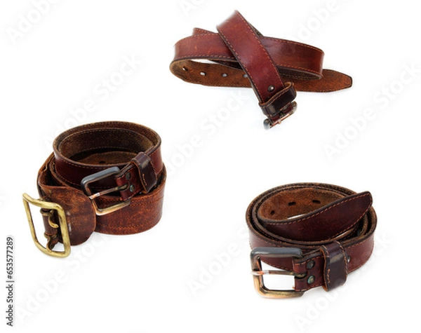 Fototapeta Brown leather belts isolated over the white background