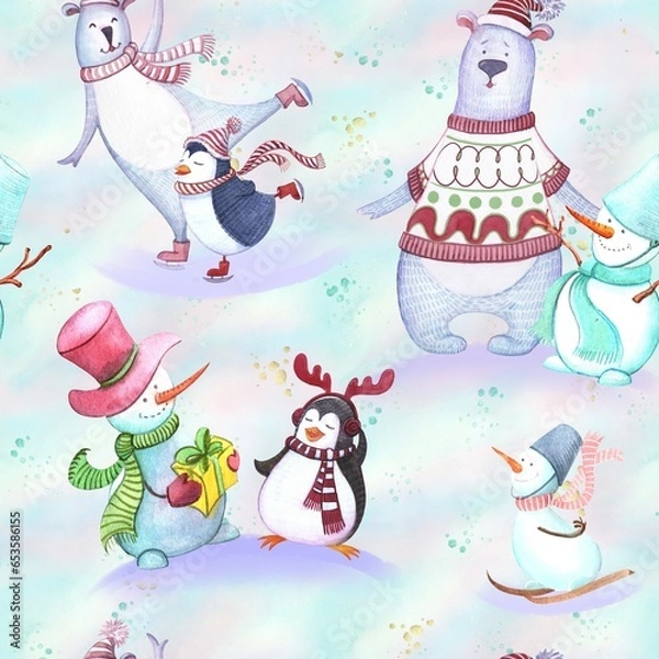 Obraz New Year seamless patterns, white northern bears