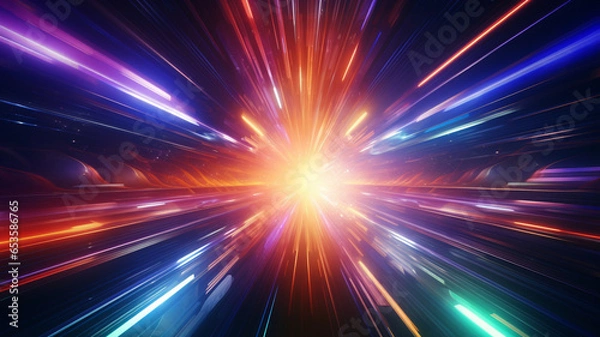 Fototapeta Abstract flight in retro neon hyper warp space in the tunnel 3d illustration. Generative Ai