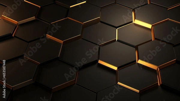 Obraz Luxury hexagonal abstract black metal background with golden light lines. Dark 3D geometric texture illustration. Bright grid pattern. Pure black horizontal banner wallpaper. Generative Ai