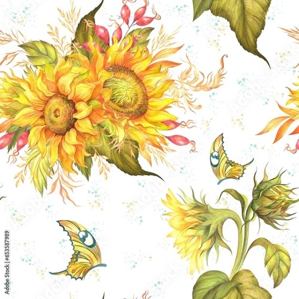 Fototapeta Sunflower seamless pattern, autumn seamless pattern