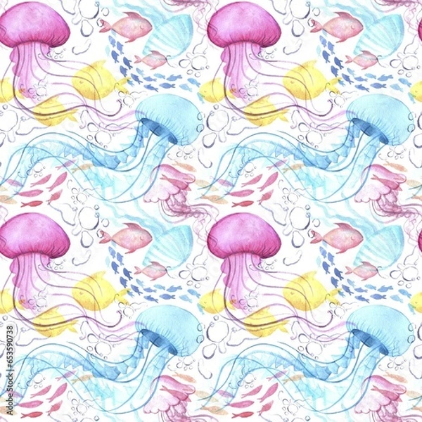 Obraz Underwater world watercolour seamless pattern