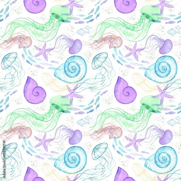 Obraz Underwater world watercolour seamless pattern