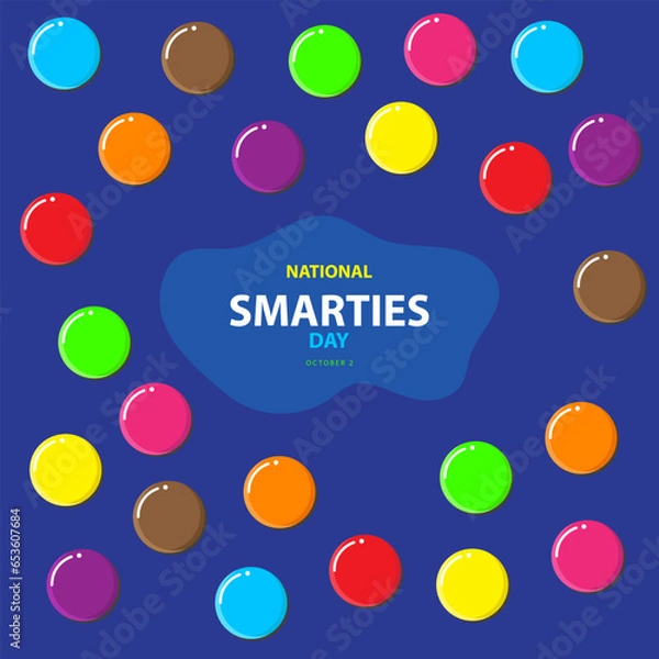 Fototapeta National Smarties Day on october 2, with some Smarties candy seeds scattered around vector illustration and text isolated on blue background for commemorate and celebrate National Smarties Day.