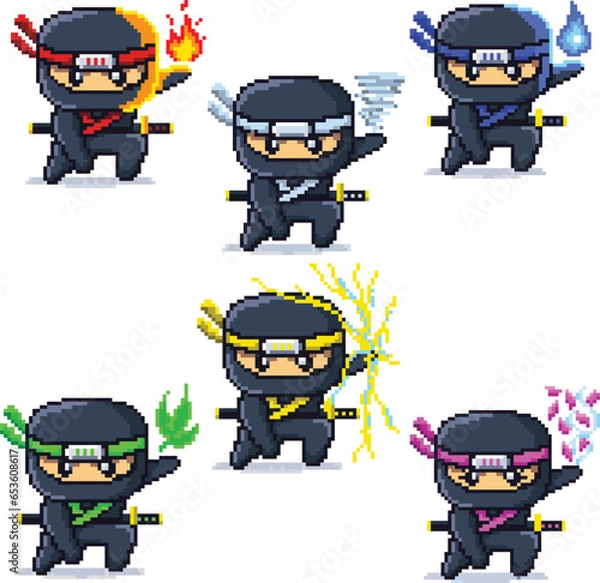 Fototapeta cute ninja elements 8 bit pixel vector illustration set