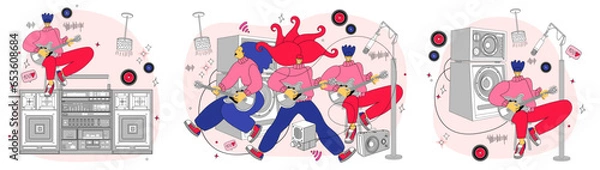 Fototapeta vector illustration with people dancing, singing and playing musical instruments. Music band vector illustration.