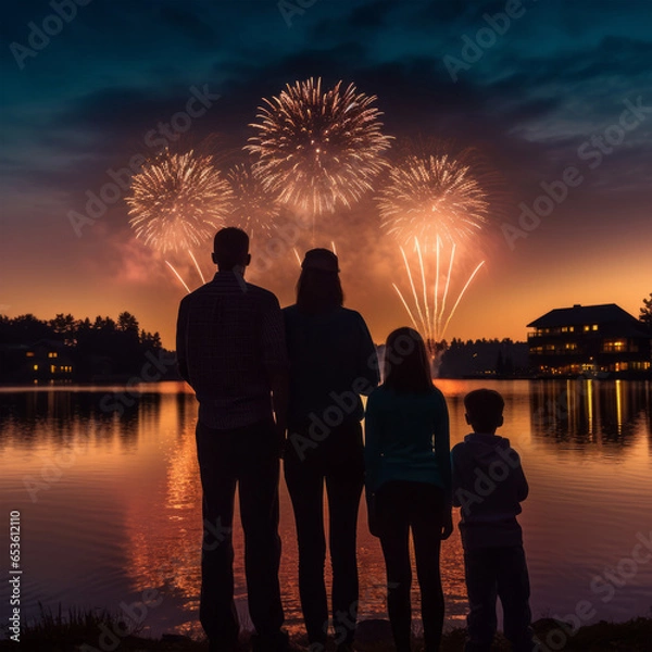 Fototapeta People looking at firework in new year evening
