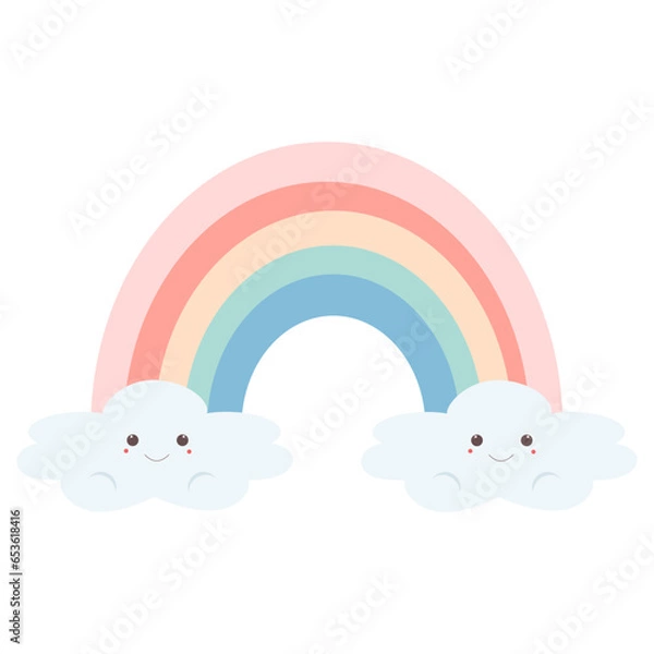 Fototapeta Illustration of cute rainbow and happy clouds.