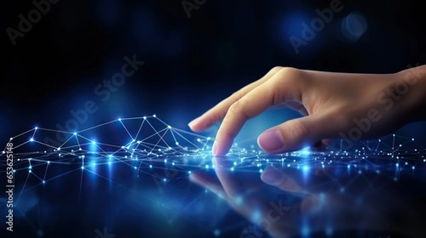 Fototapeta Abstract background of hands touching digital transformation virtual screen. Technology connection Dots and lines for futuristic cyber technology and network connection