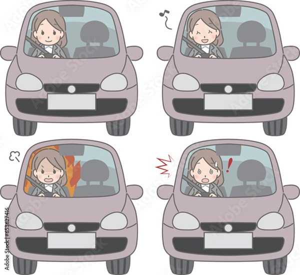 Obraz 車を運転する若い女性の色々な表情