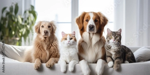 Obraz Cute cats and dogs sit together on a white sofa. Two cats and two dogs close-up. Pets