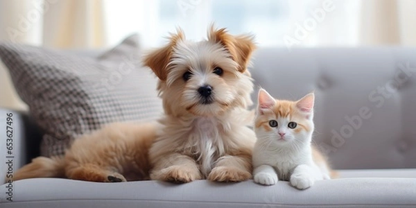 Fototapeta Small puppy and kitten on a gray sofa, close-up. Generative AI