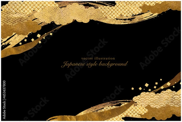 Obraz ゴールドの筆のラインと和柄の雲模様の背景