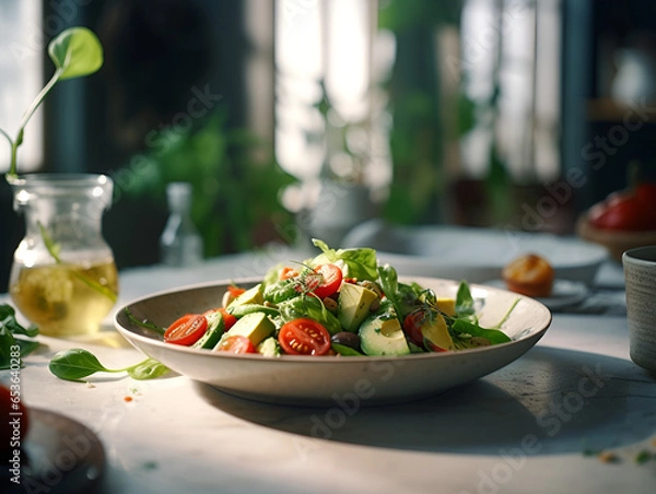 Obraz Close up of vegan salad with green beans and fresh vegetables on white plate, with blurred background