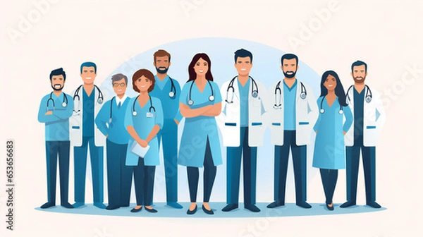 Obraz illustration of a medical staff, group of doctors and nurses.  Unity concept on white background. Generation AI