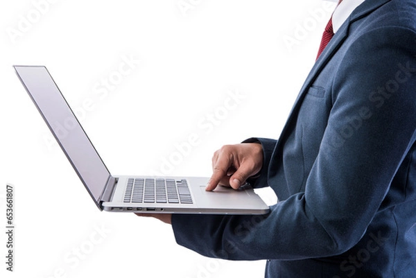 Obraz businessman using a personal computer or laptop device on transparent background