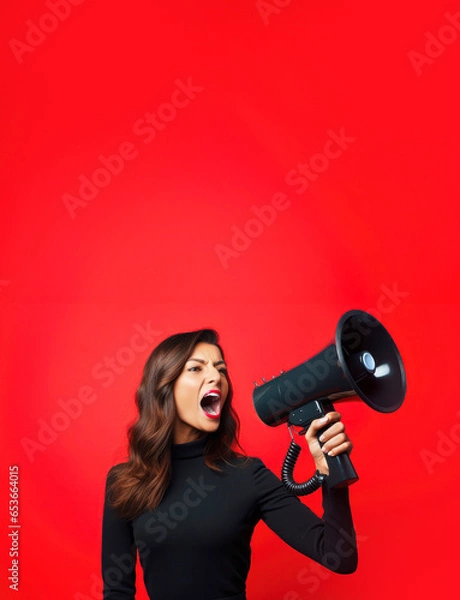 Fototapeta Black Friday discounts advertisement with woman on a red background using a megaphone and copy space. Promotional marketing offer and online shopping concept