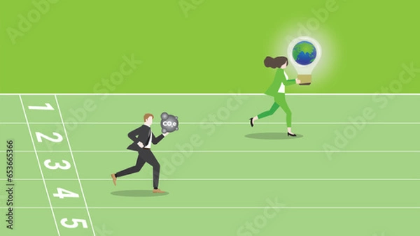 Fototapeta A businesswoman runs and holds the world light bulb on race track. Idea of ESG competition, Sustainability, Sustainable Development, Green business, Environmental policy, and save the planet concept.