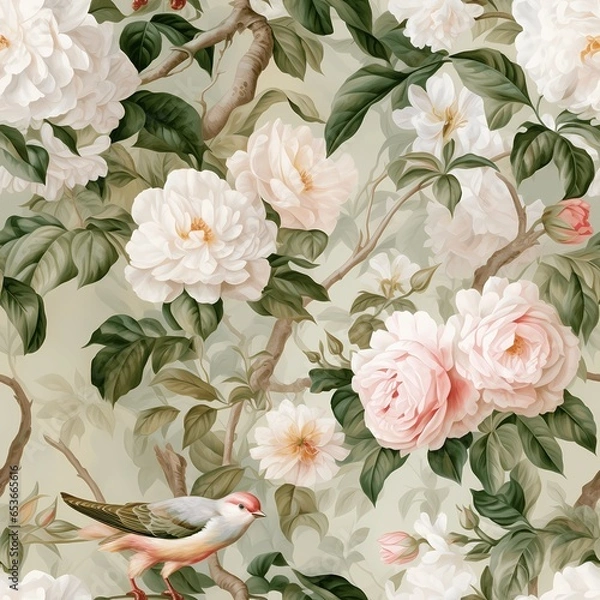 Fototapeta  chinoiserie wallpaper art with a rambling white roses and climbing pink roses on a vintage house in countryside england with French toile pattern in luxury watercolor painting