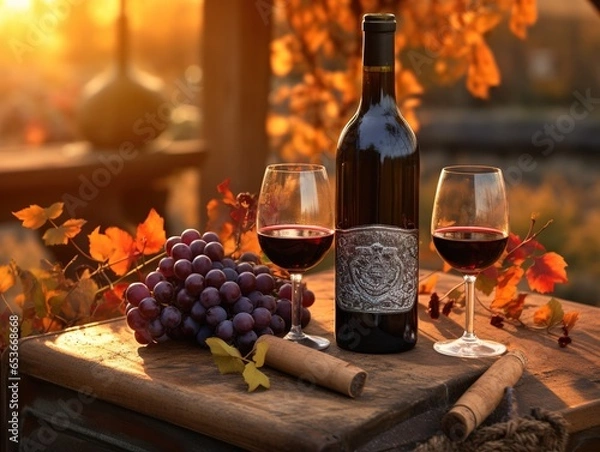 Fototapeta a bottle of wine with a glass, grapes, on a rustic table, vineyard in background, sunset light, warm tones, Generative AI